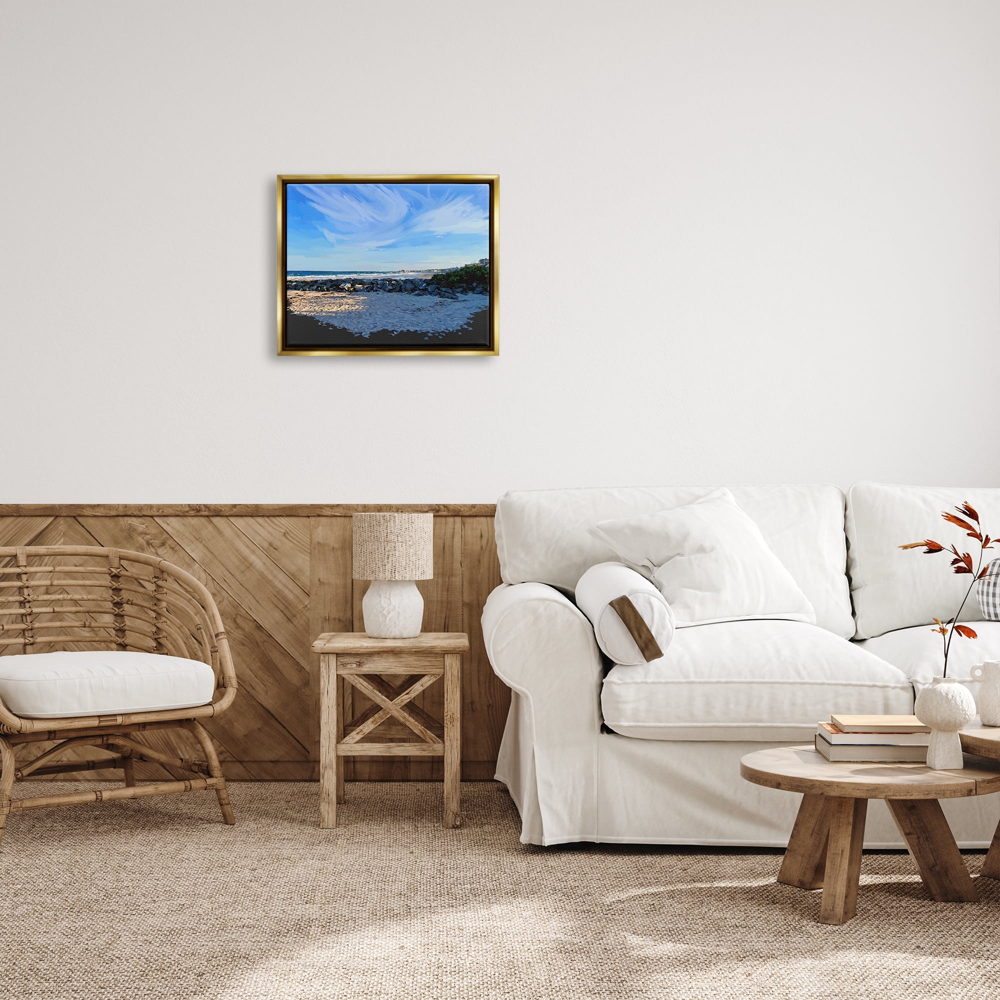 Stupell Rocky Beach Coast Horizon Sky Landscape Painting Gold Floater Framed Art Print Wall Art