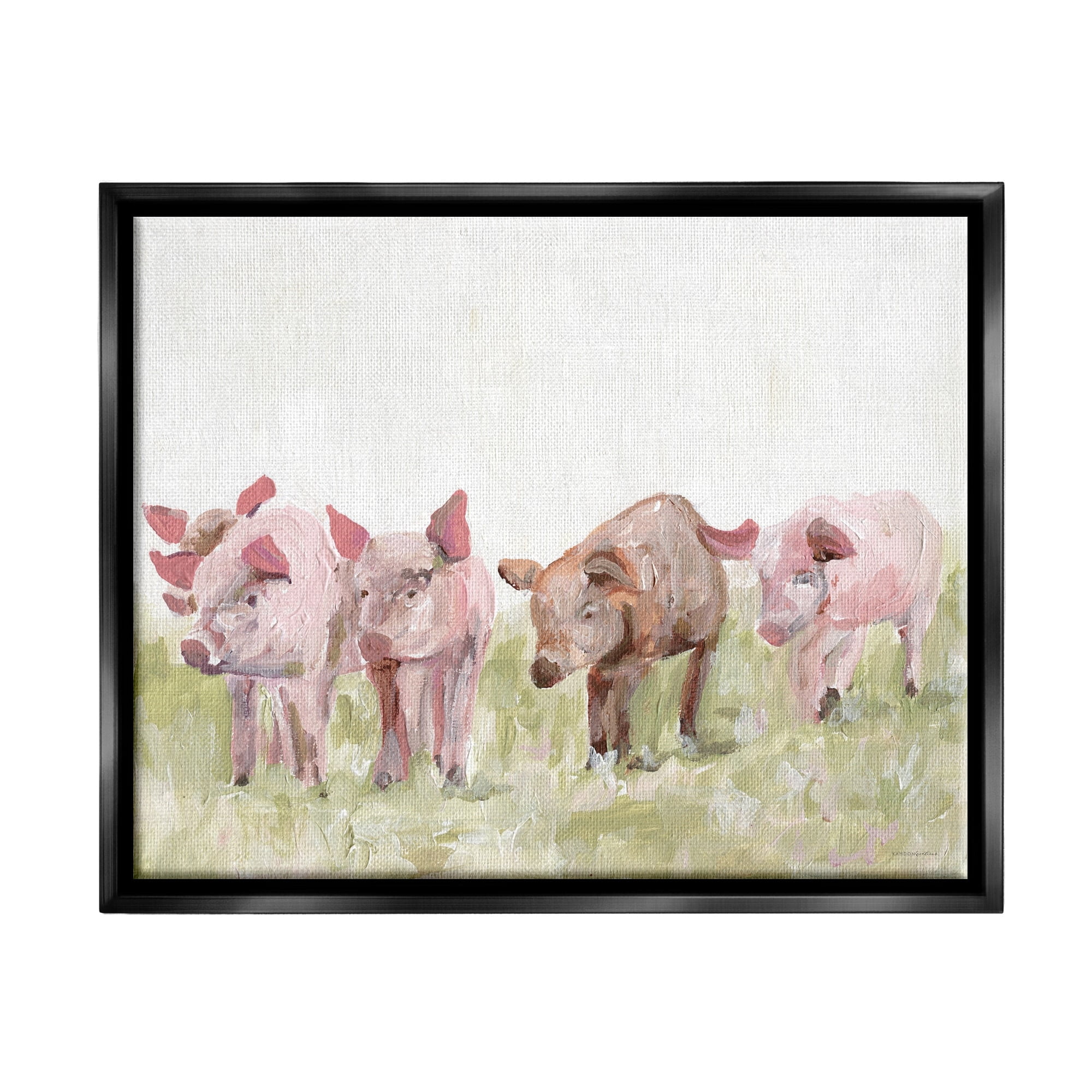 Stupell Industries Pink Baby Pigs Grazing Farm Grassland Pasture Painting Luster Gray Floating Framed Canvas Print Wall Art, Design by Kamdon Kreations