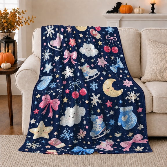 Ice Skates with Sleeping Moon, Dreamy Winter Style for Holiday Lovers, Navy Snowflake Pattern, Warm Flannel Blanket for Kids Room and Bedroom, Christmas Gift and Frosty Home Decor