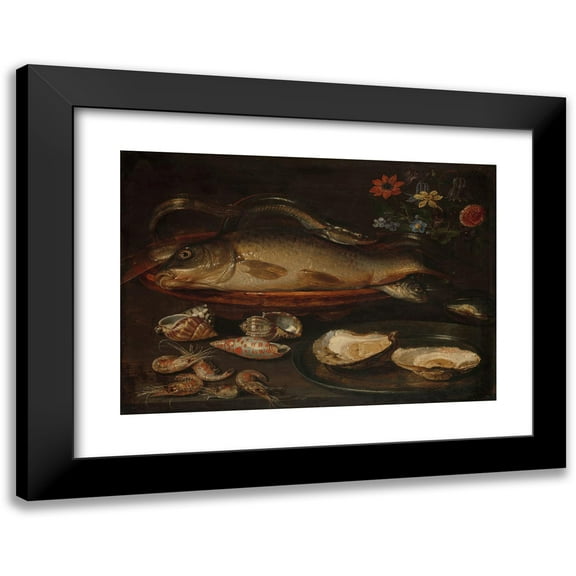 Clara Peeters 14x11 Black Modern Framed Museum Art Print Titled - Still Life with Fish, Sea Food and Flowers (C. 1612 - C. 1615)
