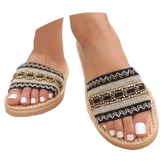 HNMKIU Platform Sandals Summer Flat Slide Style for Women Breathable Woven Fabric Casual Beach Slides with Sole for Indoor Outdoor Comfort Summer Shoes Black,6