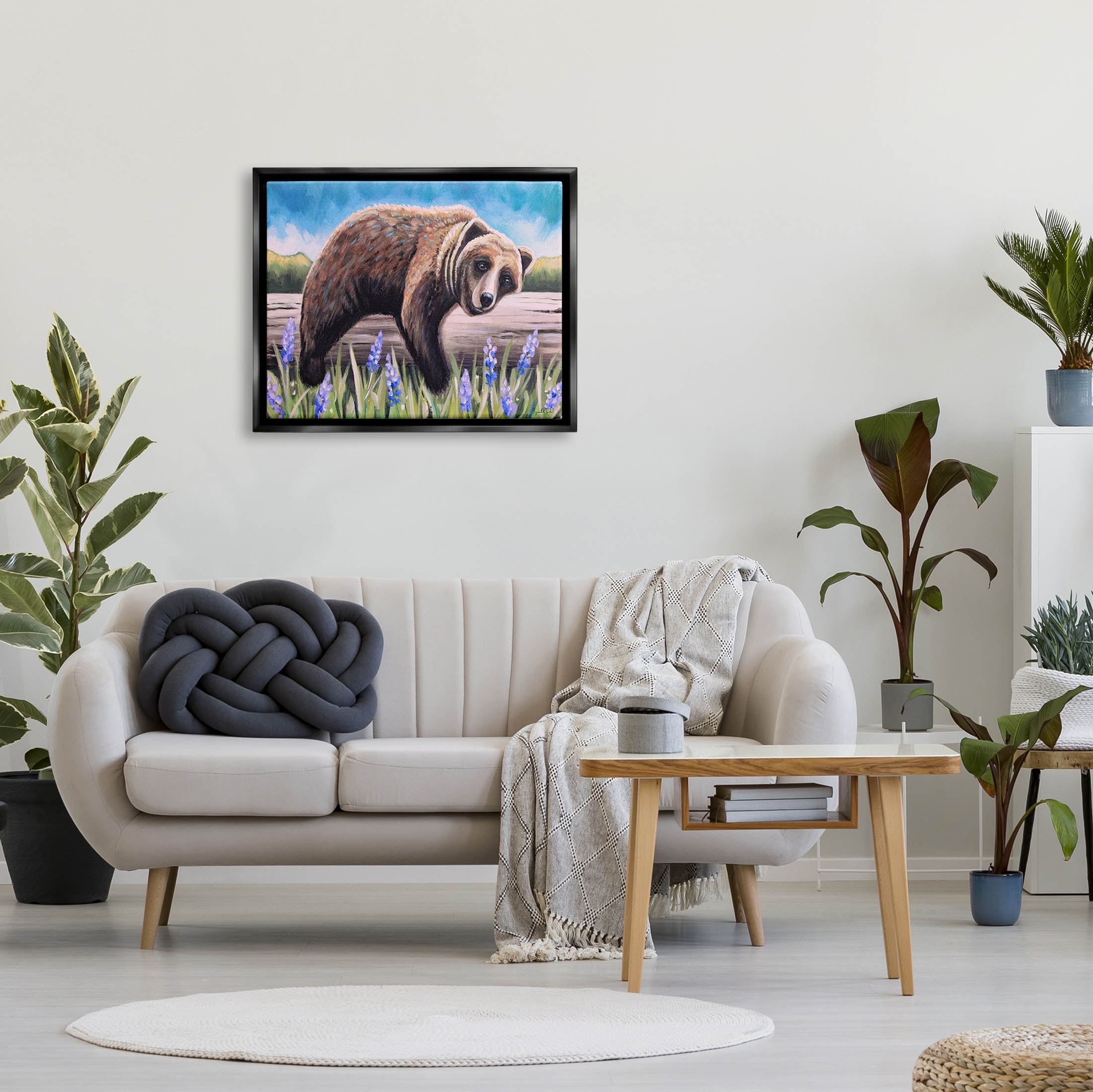 Stupell Industries Relaxing Bear Resting Tree Trunk Meadow Painting Jet Black Floating Framed Canvas Print Wall Art, Design by Elizabeth Tyndall