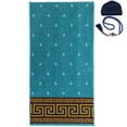 thumbnail image 1 of Modefa Turkish Islamic Luxury Prayer Carpet | Rolled Velvet Kilim Rug | Free Prayer Cap Kufi & Beads | Orange & Turquoise Labyrinth, 1 of 7
