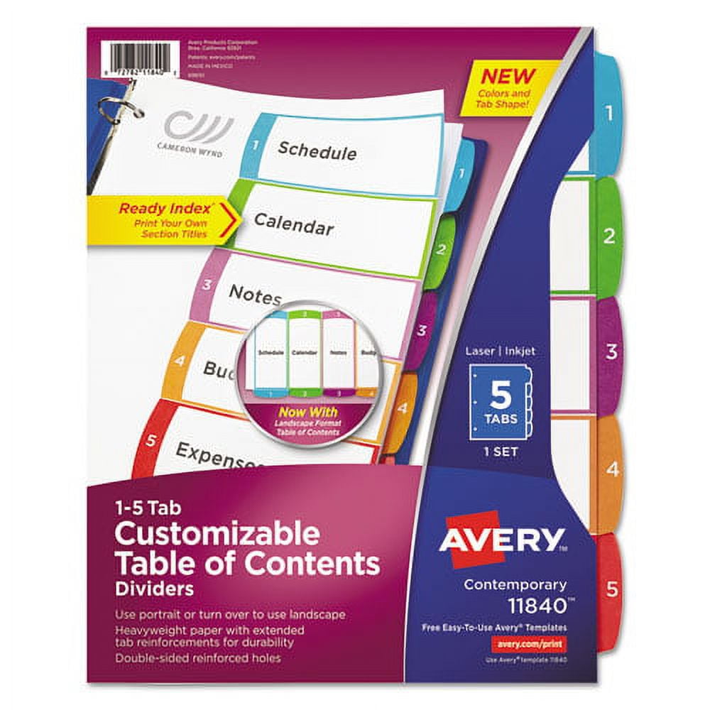 Avery Ready Index 5 Tab Dividers, Customizable TOC, 6 Sets (11187