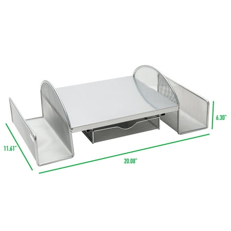 Mind Reader - Mesh Monitor Stand, Wire Screen Riser with Side Storage File Pockets - Silver