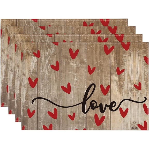 Wood Love Hearts Valentine Placemats Set of 4, 12x18 Inch Seasonal Anniversary Holiday Table Mats for Party Kitchen Dining Decoration