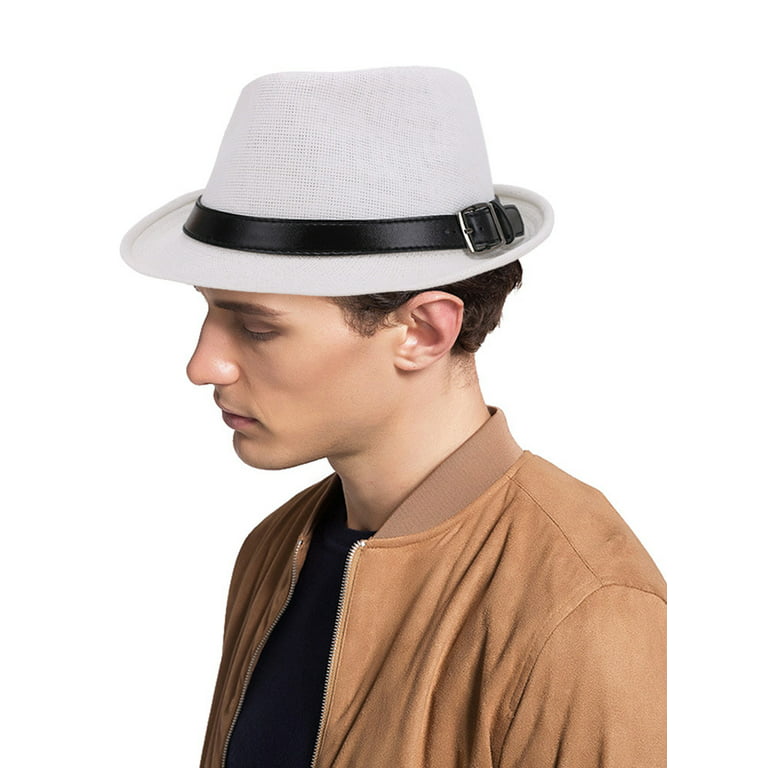 BASILICA Panama Style Trilby Fedora Straw Sun Hat with Leather Belt,White  L-XL 