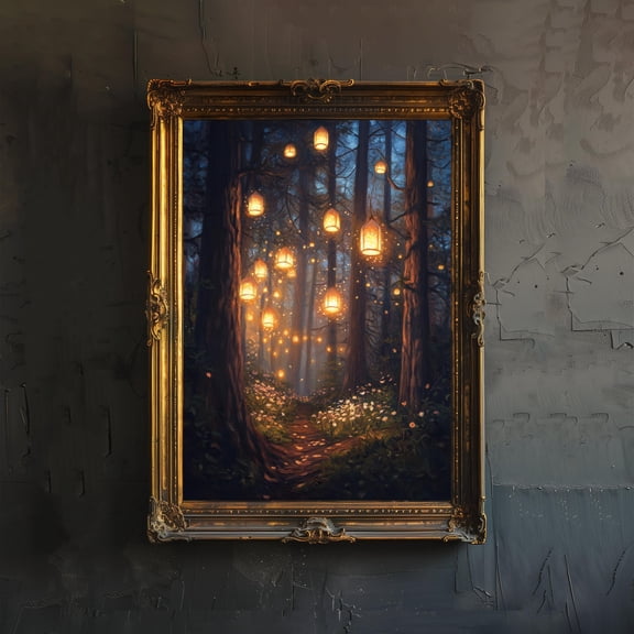 Fairy Lantern Festival Poster Cottagecore Decor Dark Academia Art Enchanted Illustration Vintage Magical Wall Art Rustic Aesthetic - Poster Unframed