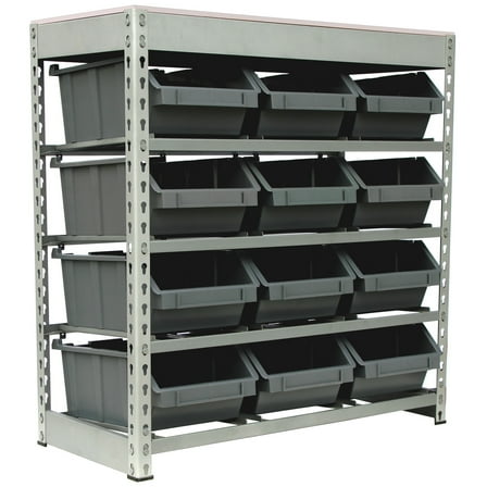 King's Rack 4-Tier Metal Organizer Shelving Rack with 12 Bins in Gray