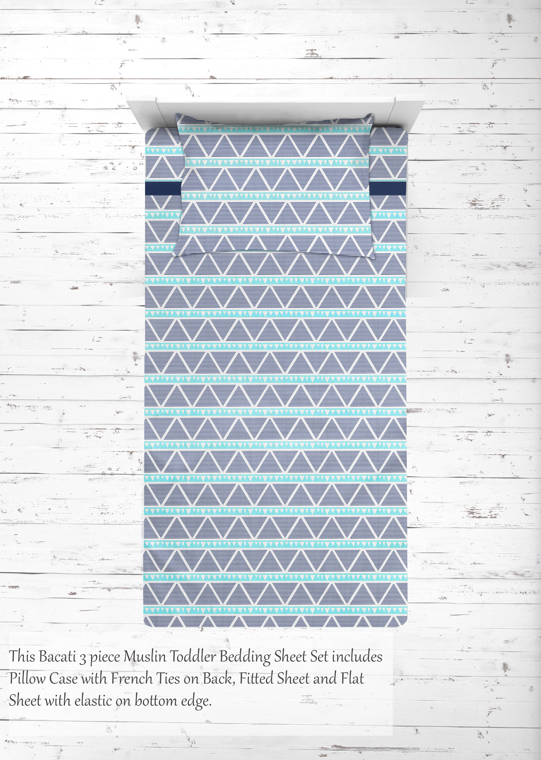 Bacati - Aztec/Tribal Aqua/Navy 3-Piece 100% Cotton breathable Muslin Toddler Bedding Sheet Set, Large Triangles