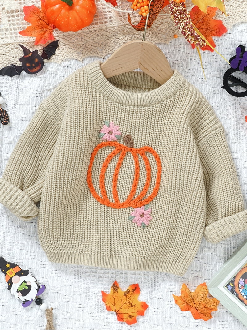 Toddler Baby Girl Halloween Pumpkin Flower Embroidery Knit