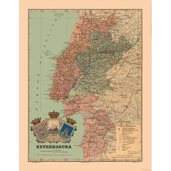 Historic Map - Estremadura Portugal - Martine 1904 - 23 x 29.60 - Vintage Wall Art