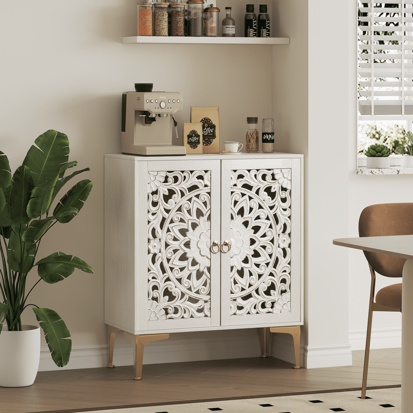 JOINICE Accent Storage Cabinet with Doors,Small Sideboard Buffet Cabinet,31.5" W,for Living Room,Entryway,Dining Room,Carved,White