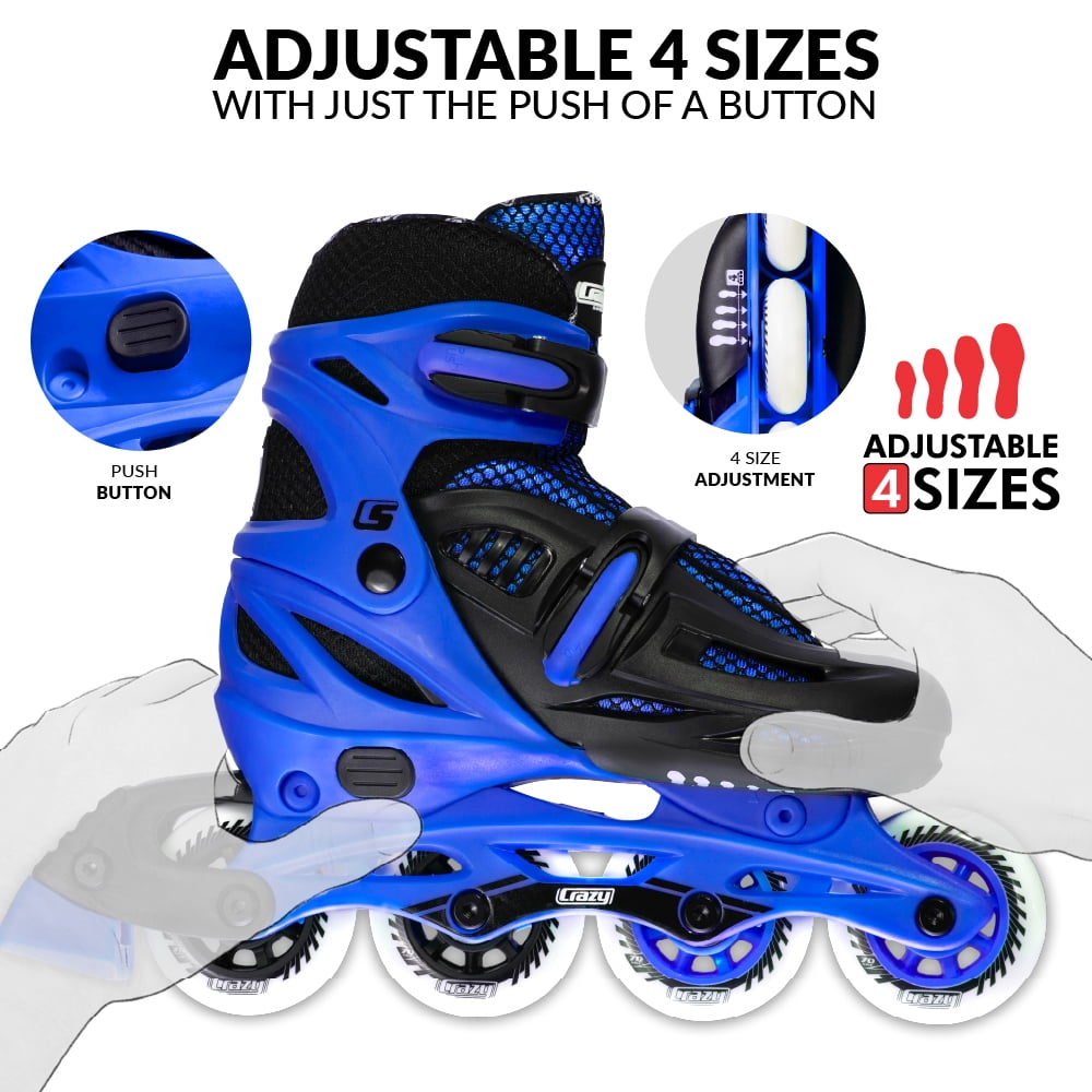 Crazy Skates Adjustable Inline Skates for Girls and Boys - Adjust to fit 4 Sizes