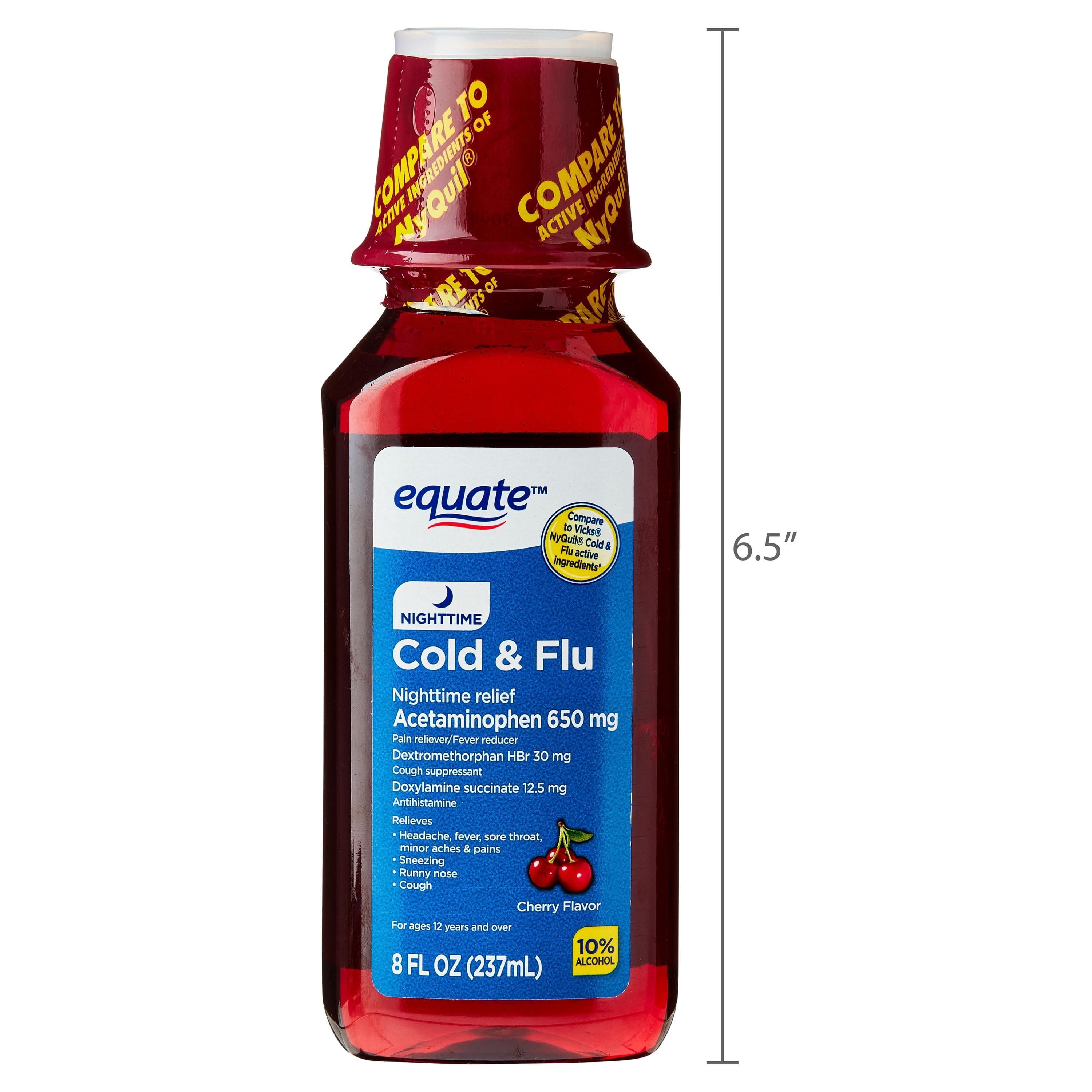 Equate Nighttime Cold and Flu Relief Liquid, Cherry Flavor, 8 fl oz, Compare to Vicks® Nyquil® Cold & Flu Active Ingredients