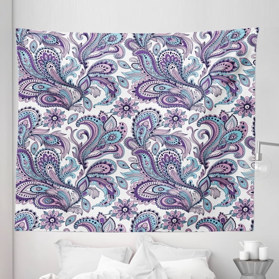 Paisley Tapestry, Blue and Purple Flowers Leaves Floral Pattern Bohemian Style Country Print, Fabric Wall Hanging Decor for Bedroom Living Room Dorm, 5 Sizes, Purple White Blue, by Ambesonne