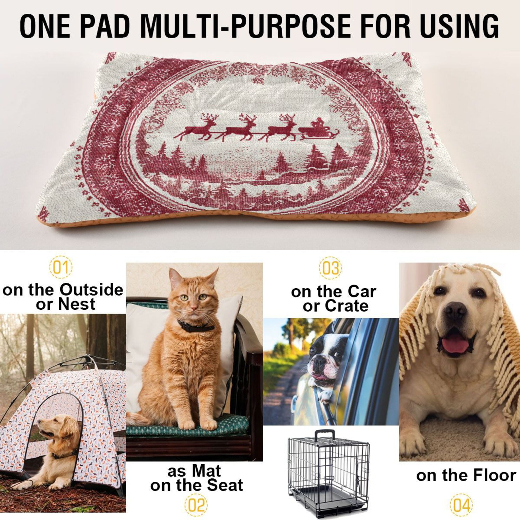 Cozy Mat Pet Bed Indoor Outdoor Warm Soft For Cat Dog Puppy(S/M) Reindeer and Santa's Sleigh