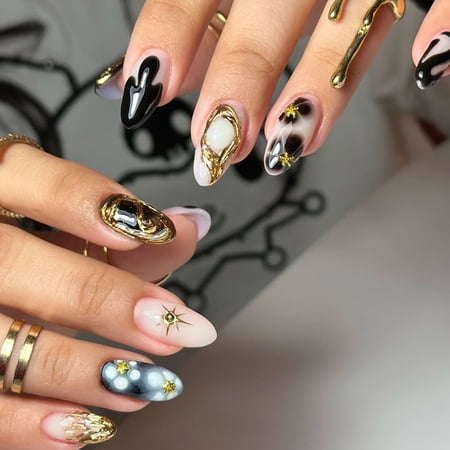 Cross-border hot-selling almond-shaped fake nails, fashionable texture, Phnom Penh texture, star pattern, wearing nail, finished product wholesale