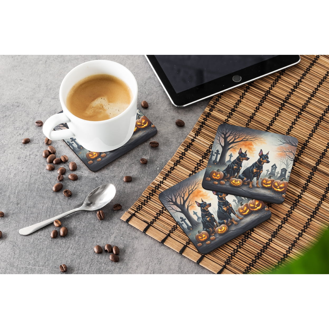 Doberman Pinscher Spooky Halloween Foam Coaster Set of 4