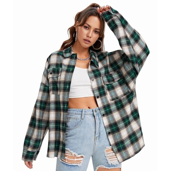 Oversized Flannel Shirt Women Long Sleeve Plaid Button Shirt Tops with Pocket Light Green XL