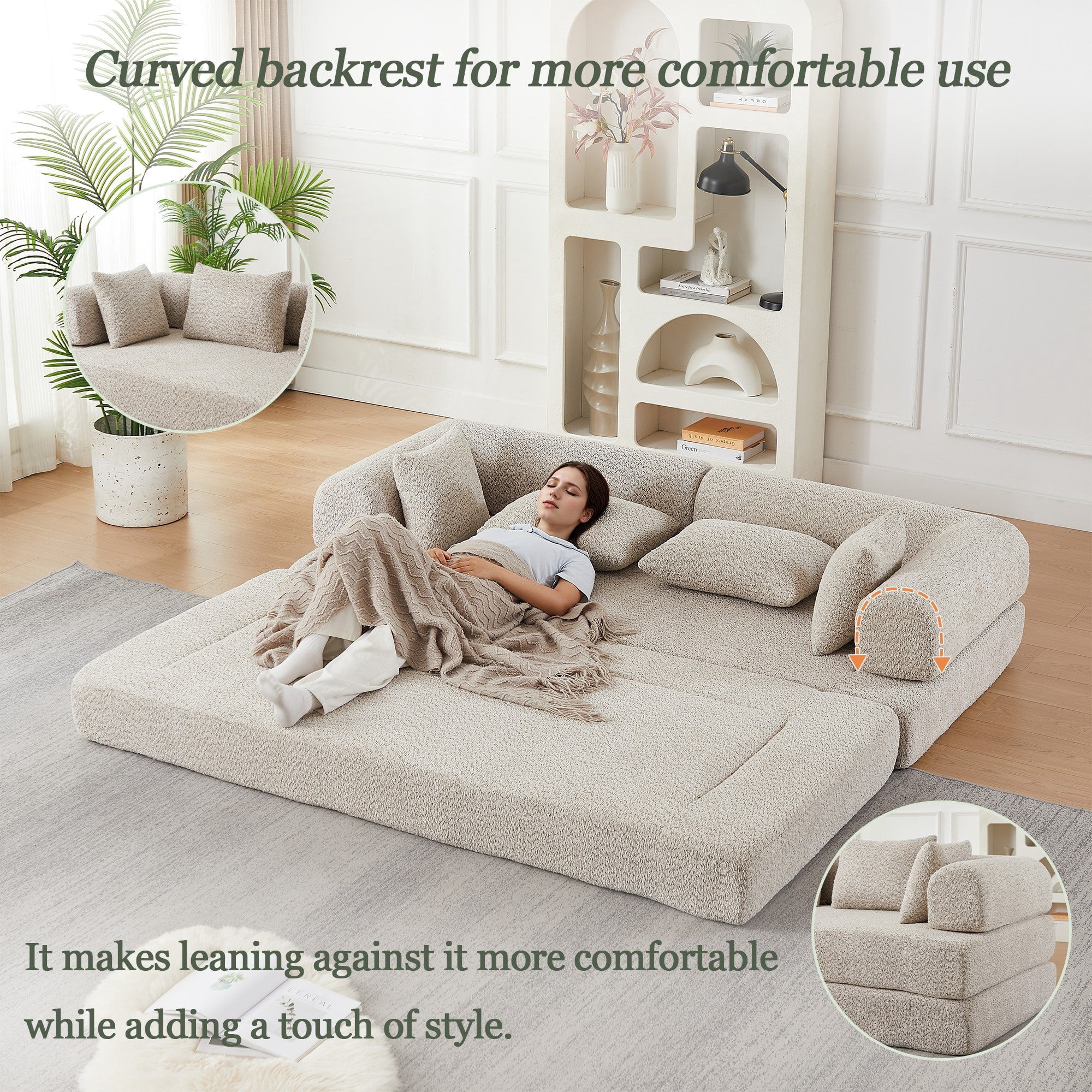 Sailvan 78.9" Convertible Sleeper Sofa, Modular Chenille Folding Mattress Sofa Bed with 4 Pillows, No Assembly Floor Lounge for Living Room khaki