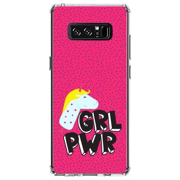 DistinctInk Clear Shockproof Hybrid Case for Samsung Galaxy Note 8 - TPU Bumper, Acrylic Back, Tempered Glass Screen Protector - Girl Power - GRL PWR - Unicorn Pink Background