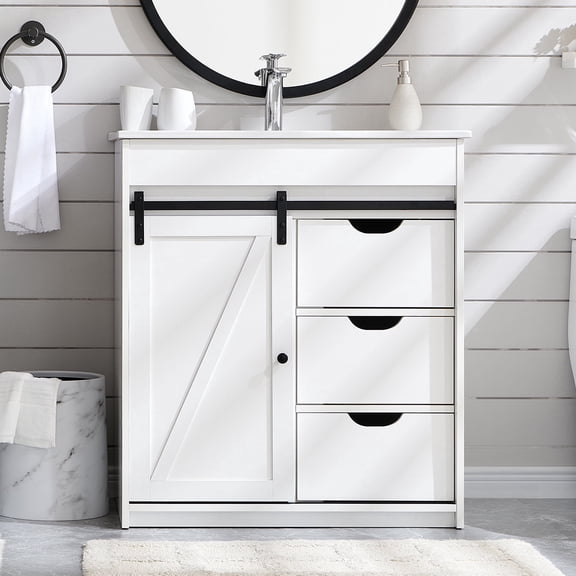 wow97e 30" Farmhouse Bathroom Vanity with Sink, Freestanding Vanity Cabinet with Sliding Barn Door, Wood Bathroom Cabinet with 3 Drawers & Adjustable Shelves