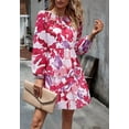 thumbnail image 4 of Floral Print Round Neck Shirred Detail Long Sleeve Dress for Women Red X-Large, 4 of 5
