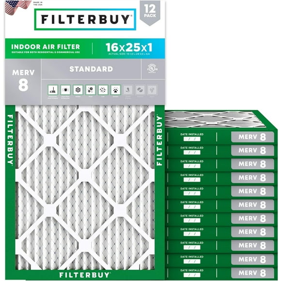 Filterbuy 16x25x1 MERV 8 Pleated HVAC AC Furnace Air Filters (12-Pack)