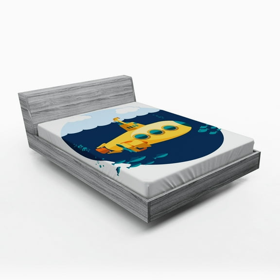 Ambesonne Yellow Submarine Fitted Sheet, Sea Fish Cloud, Twin Size, Earth Yellow Navy Blue