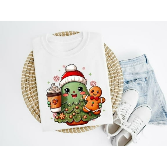 Cotton Womens Festive Tree Graphic Tee Holiday T Shirt Tops Short Sleeve Round Neck White S-5XL