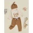 thumbnail image 6 of Aojekbee Baby Boys Pants Set, Long Sleeve Crew Neck Letters Print Romper with Sweatpants and Hat Fall Outfit, 6 of 10