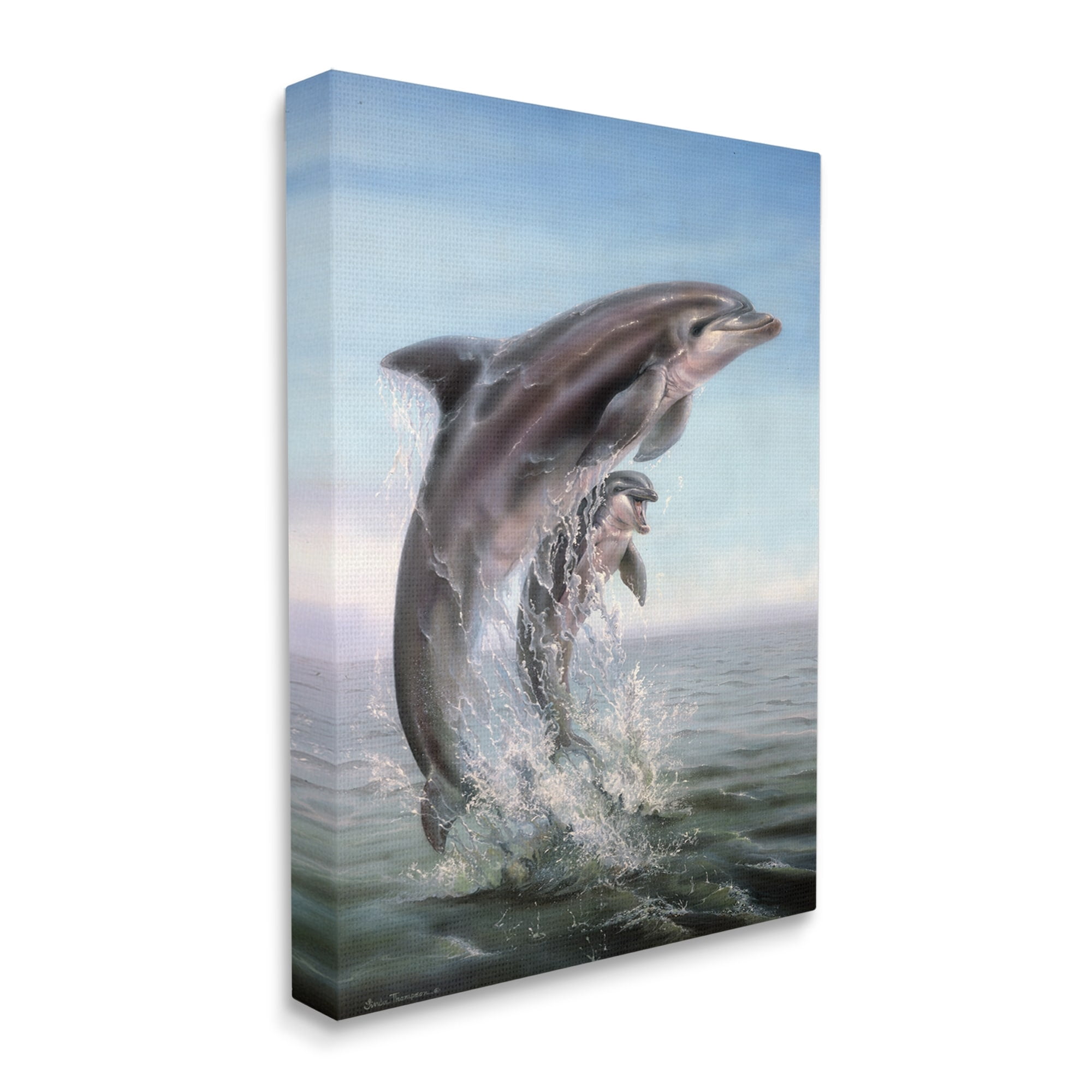 Stupell Industries Breaching Dolphins Water Splash Coastal Painting Gallery Wrapped Canvas Print Wall Art