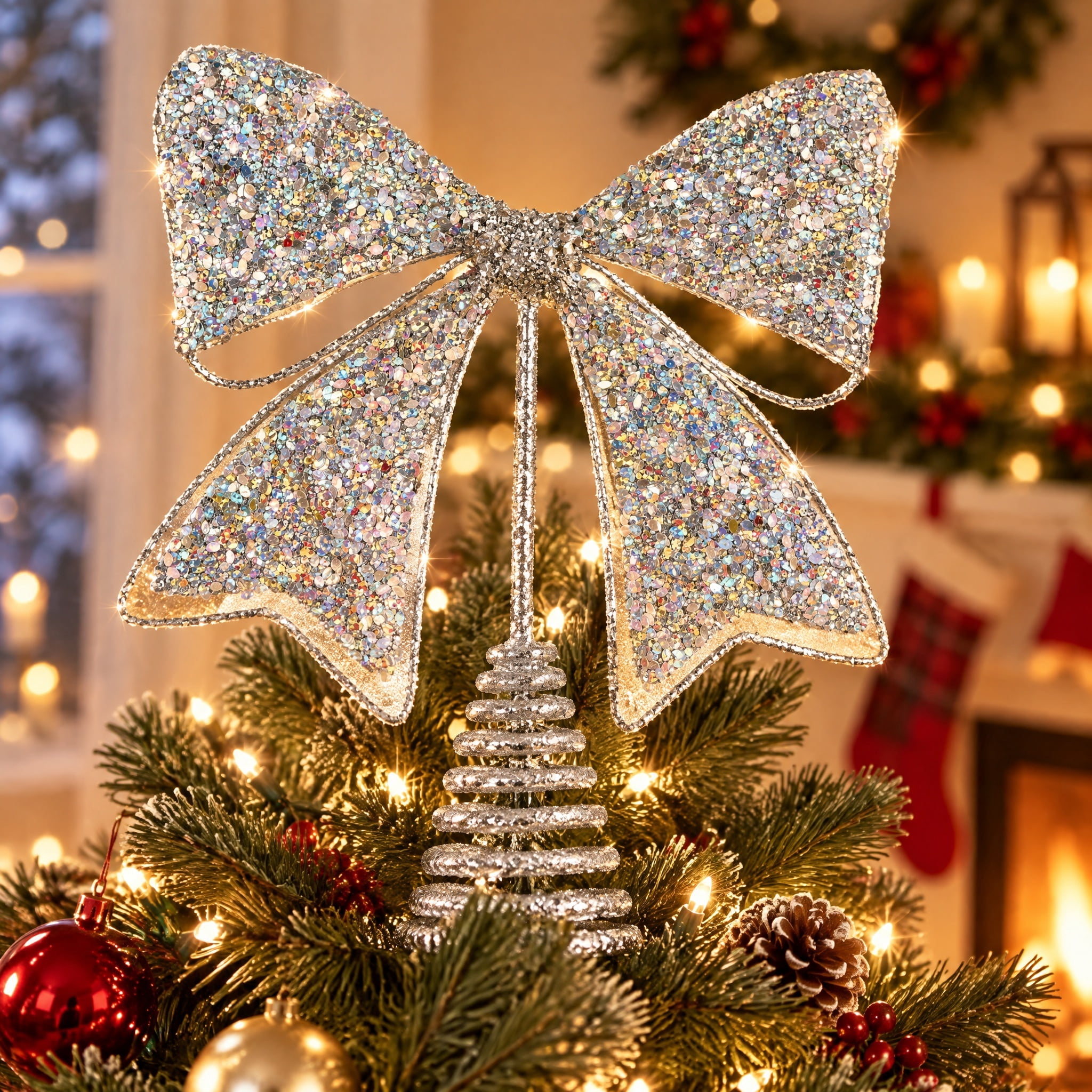 Metal Chunky Glitter Bow Christmas Tree Topper, Silver, 11", by Holiday Time