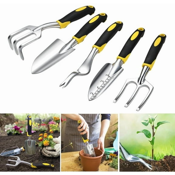 Garden Tool Set, 5pcs Heavy Duty Gardening Kit Aluminum Alloy Includes Hand Trowel, Transplant Trowel, Hand Rake, Weeder, Hand Fork, with Non-Slip Rubber Grip for Weeding, Transplanting, Digging