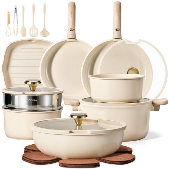 CAROTE 24Pieces Ceramic Cookware Set with Detachable Handle, Non-Toxic Pots and Pans Set Nonstick, Dishwasher/Oven Safe Non Stick Pot and Pan, Kitchen, Camping Use Cooking Set, All Stoves Compatible