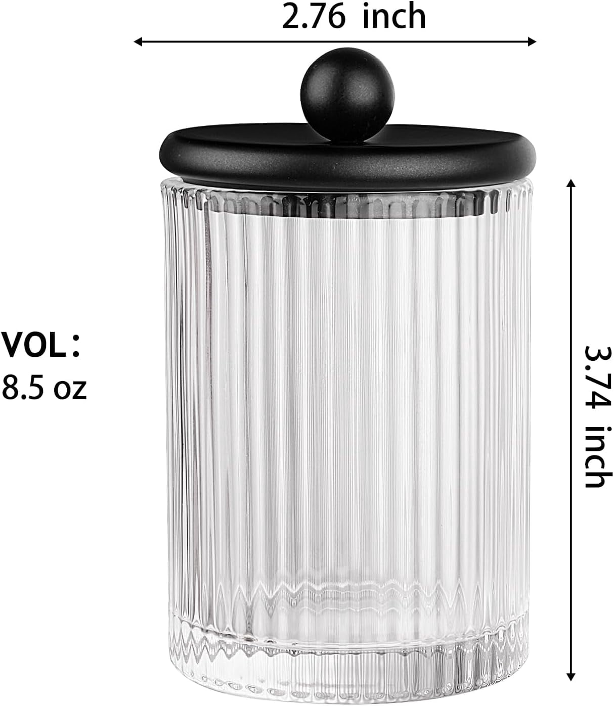 RGHJAR-4-Pack Black Ribbed Glass Qtip Holder - Apothecary Jars Bathroom Organizer Set with Lids - Vanity Storage Canisters for Cotton Balls, Pads, Swabs, Floss Picks - Modern Farmhouse