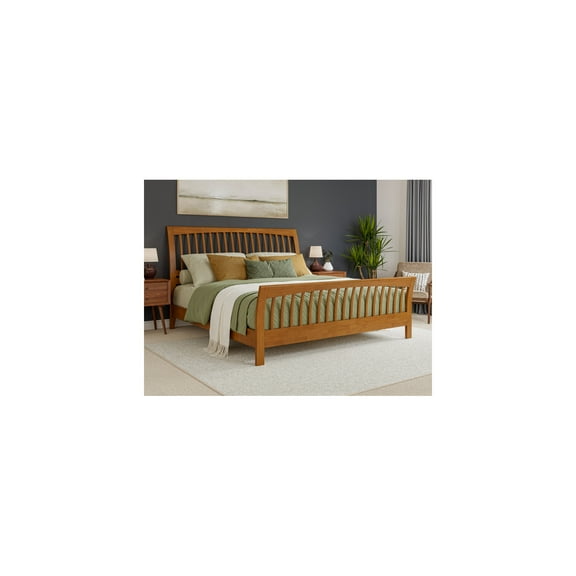 King Solid Wood Platform Bed - Low Profile Design with Footboard & Sleigh Headboard - Light Toffee Finish