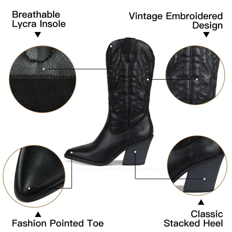 FAMITION Cowgirl Boots for Women Pointy Toe Women s Western Boots Cowboy Boots Pull On Mid Calf Chunky Heel Boots Black