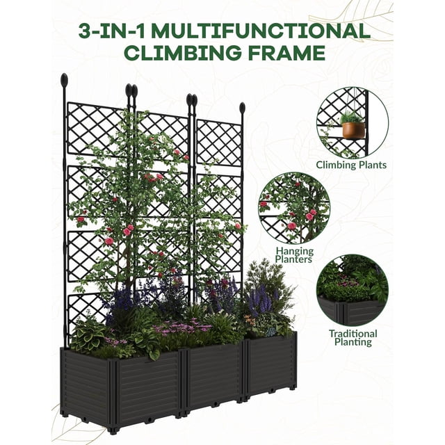 Royalbelle 3 PCS Black Raised Garden Bed with Trellis, Plastic Planter Box