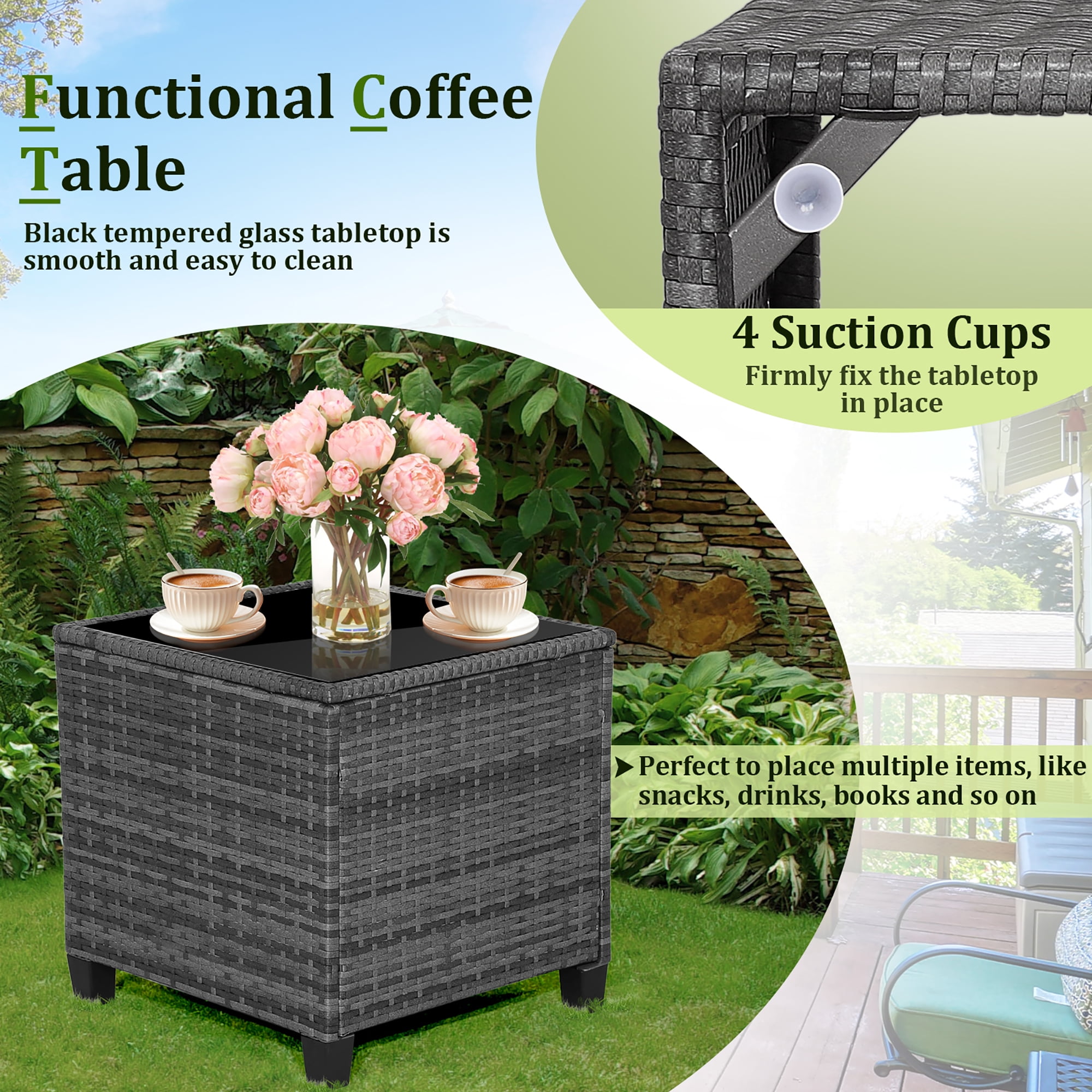 Gymax 3PCS Patio Rattan Sofa Set Outdoor Wicker Conversation Set Glass Tabletop w/ Grey Cushion