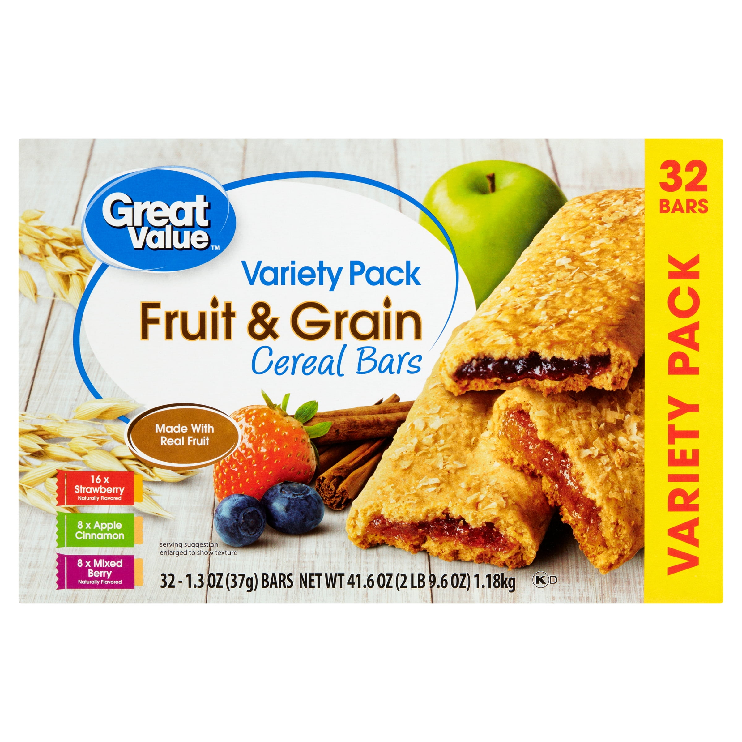 Great Value Fruit & Grain Cereal Bars, Variety Pack, 1.3 oz, 32 Count