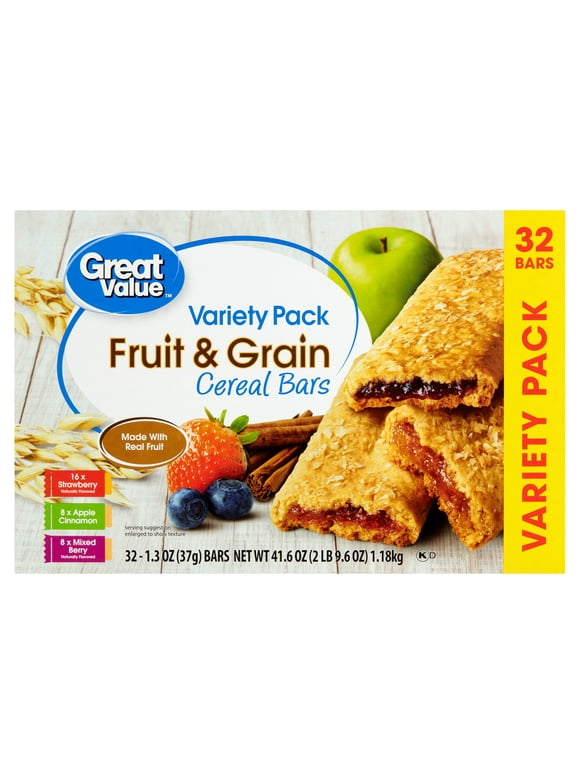 Great Value Fruit & Grain Bars, Variety Pack, 41.6 oz, 32 Count