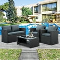 thumbnail image 2 of Patio Conversation Sets for Backyard, 4 Pieces Outdoor Wicker Furniture Set with Black Seat Cushions & Tempered Glass Dining Table, Wicker Sofa Sets for Porch Poolside Backyard Garden, S13097, 2 of 11