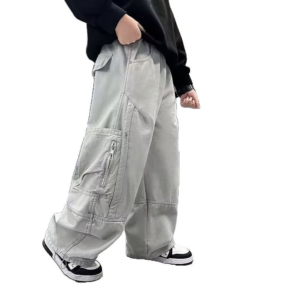 LIIPEE Boys Cargo Pants With Multiple Pockets Casual Fashion Solid Color Elastic Waist Baggy Wide Leg Trousers Kids Comfortable Breathable Versatile Bottoms,7-8 Years