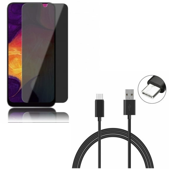 Galaxy A50/A20 Tempered Glass Privacy Screen Protector w Type-C 10ft USB Cable - Anti-Spy Anti-Peep 3D Edge, Charger Cord Power Wire for Samsung Galaxy A50/A20