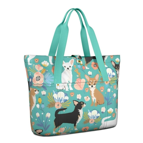 Tote Bag for Women - Chihuahua and Flower Florals Shoulder Bag - Large Utility Work Duffle Bag with Zipper Handbag for Travel, Work, Sprots