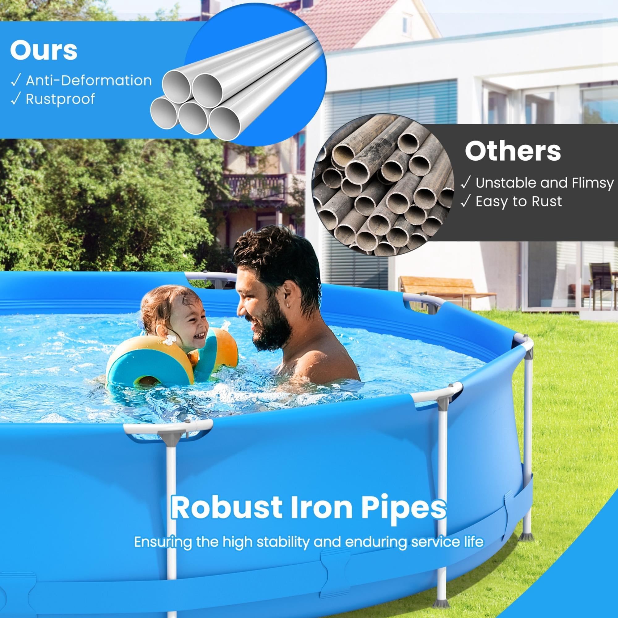 11.8 ft Round Above Ground Swimming Pool with Pool Cover, 3 Layer PVC Sidewall Metal Frame Pool for Backyard, Outdoor Family Pool for 3-4 People, Blue