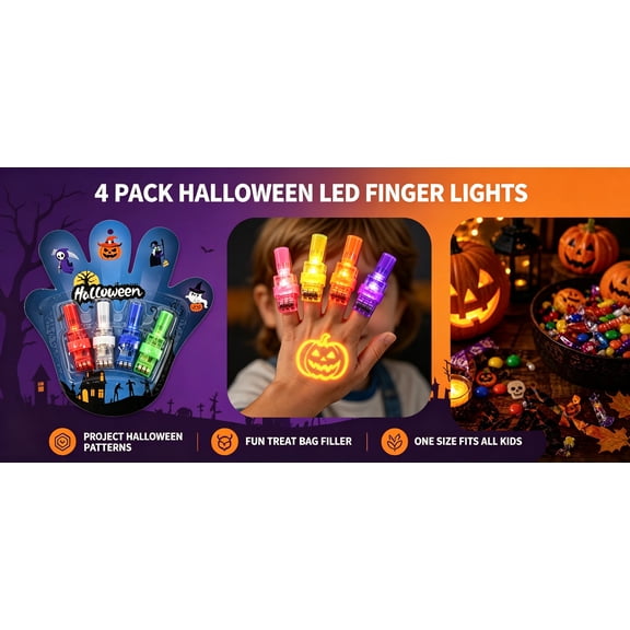 4Pcs Halloween Party Favors, LED Light Up Finger Lights Halloween Toys Bulk for Halloween Party School Classroom Prizes Goodie Bags Trick or Treats Gifts