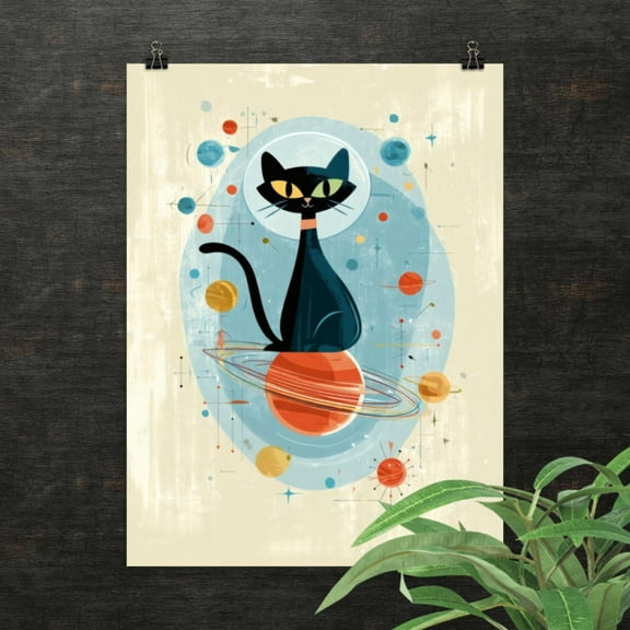 MSFCON Atomic Space Cat with Planets – Retro Midcentury Modern Room Wall Poster, Cosmic Cat Poster, Atomic Age Decor